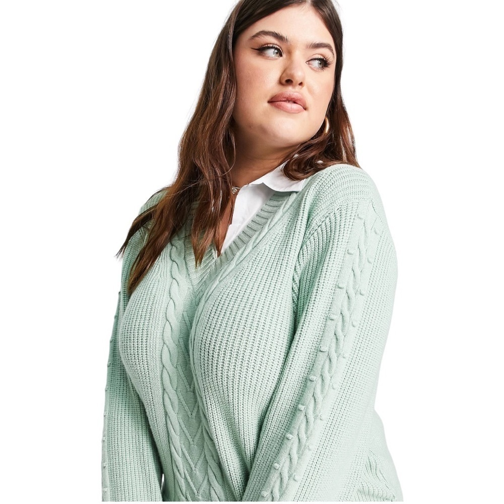 River Island Plus hybrid sweater with bobble sleeve in green - Picture 2 of 7